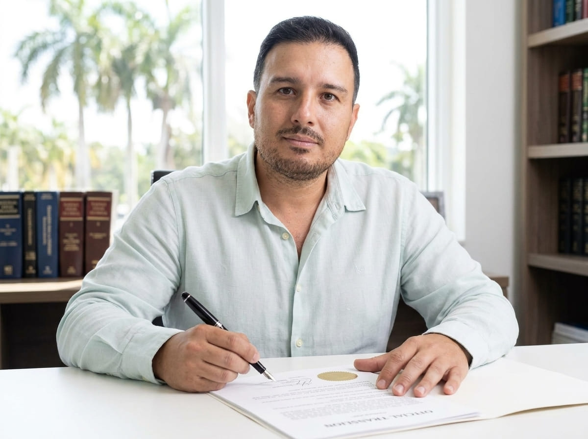 Jorge Cardona, founder of Fidelis, reviewing and signing a translation in Florida