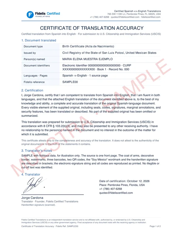 Sample signed Certificate of Translation Accuracy