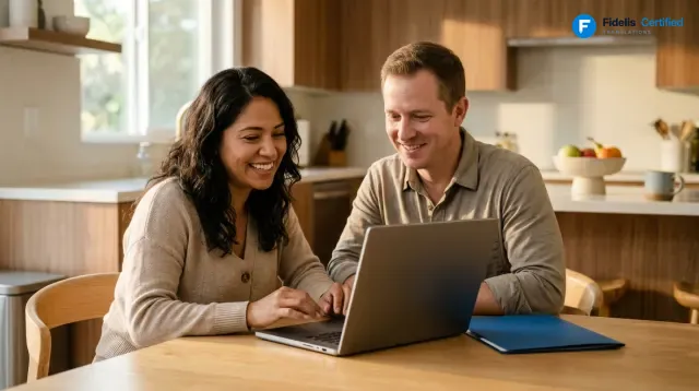 A couple sending a photo of their document from a laptop