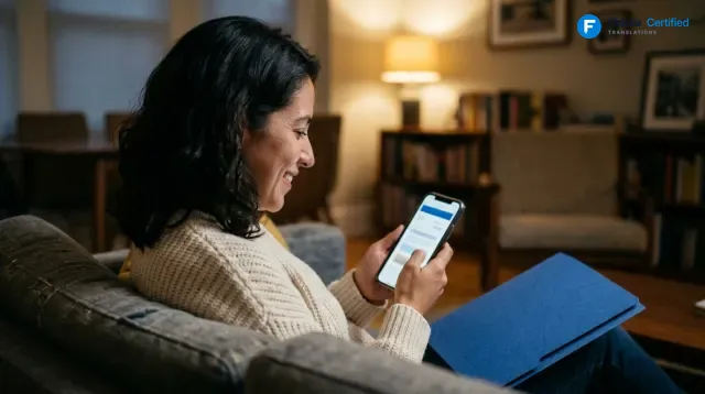 A woman receiving her certified translation PDF on her phone