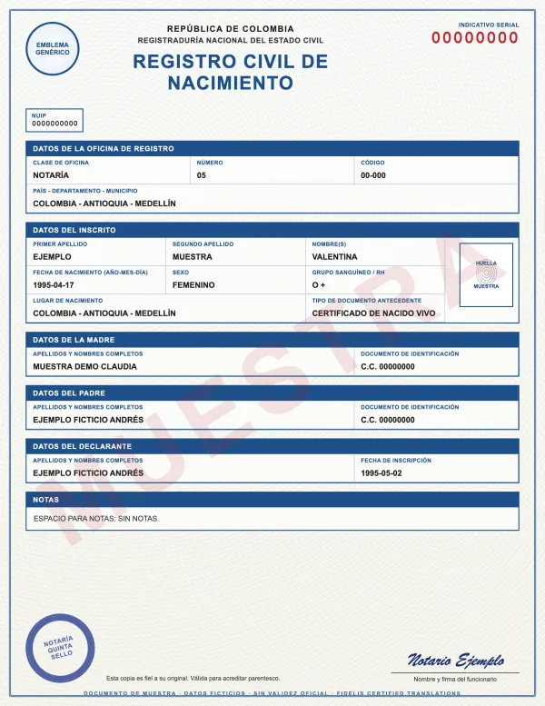 Sample with fictitious data: registro civil de nacimiento de Colombia