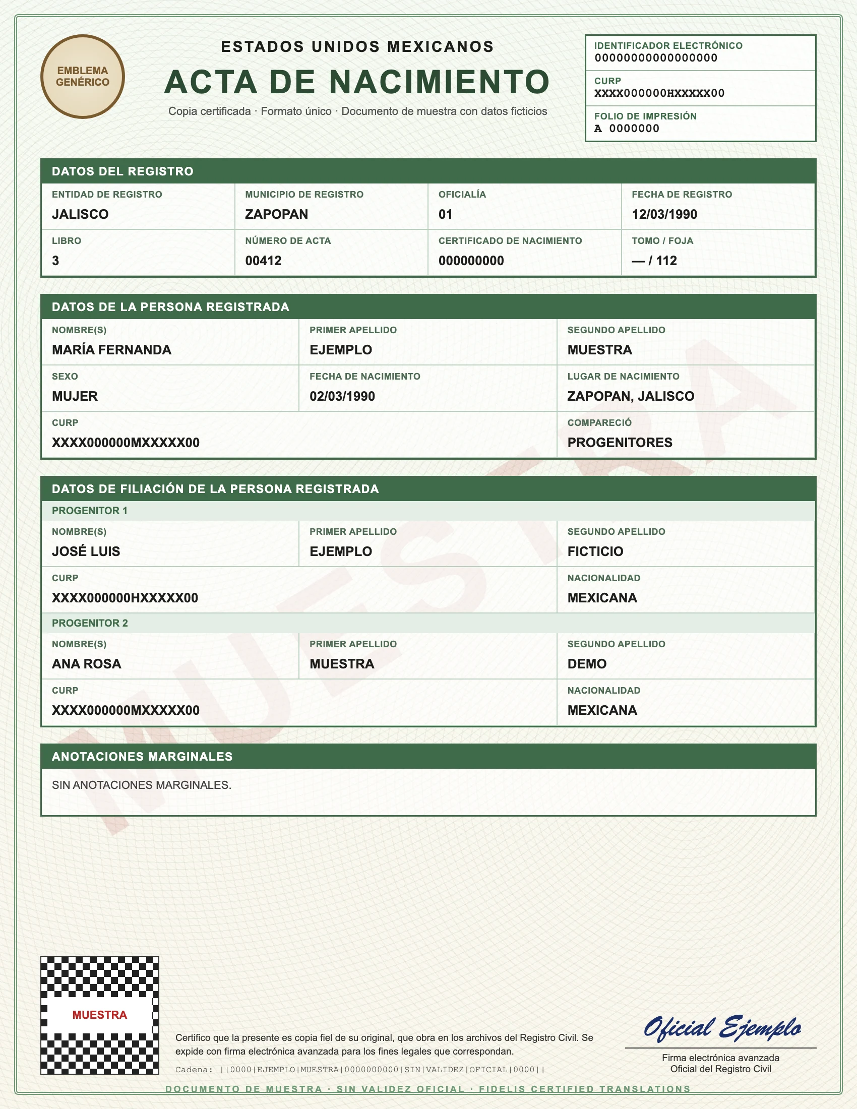 Sample with fictitious data: acta de nacimiento de México, formato único