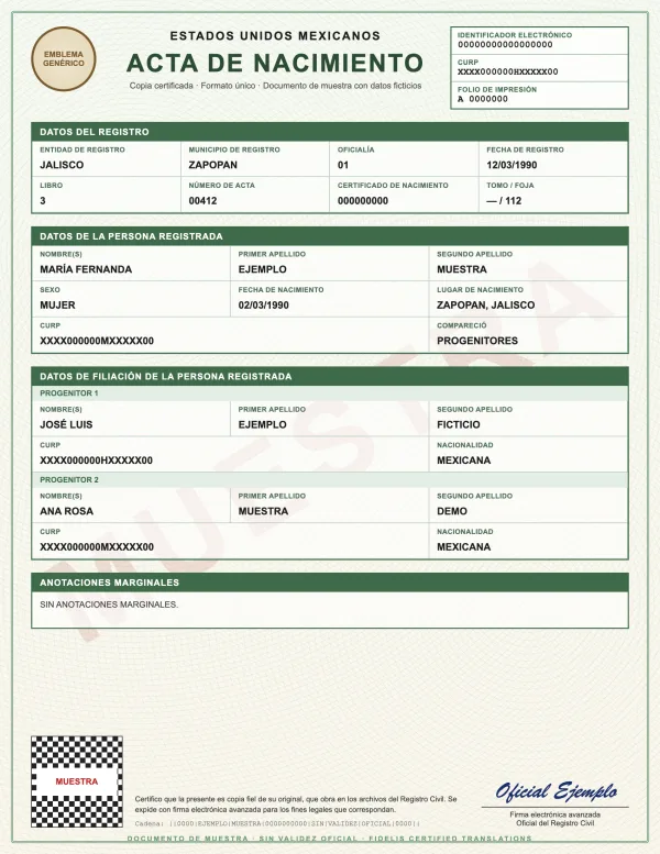 Sample with fictitious data: acta de nacimiento de México, formato único