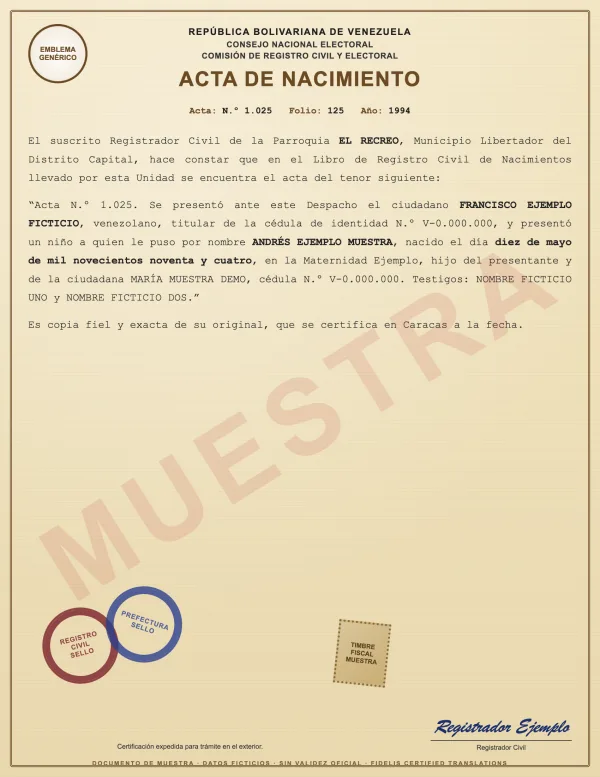 Sample with fictitious data: acta de nacimiento de Venezuela